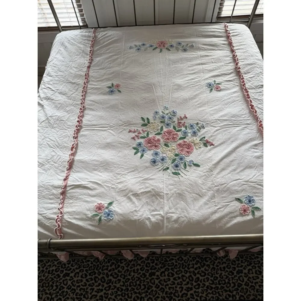 1950's Floral Chenille Bedspread 104”X 96” Shabby Chic Cottagecore Needle Tuft